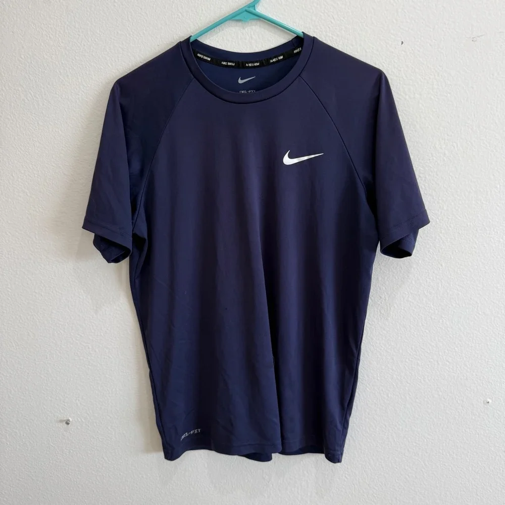 Nike Swim Mens Dri-FIT Rash Guard Short Sleeve Shirt Navy Blue Small NESS9440